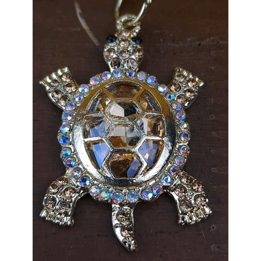 Turtle Gold Rhinestone Crystal Silver Tone Keychain Backpack Purse Clip - Picture 2 of 6
